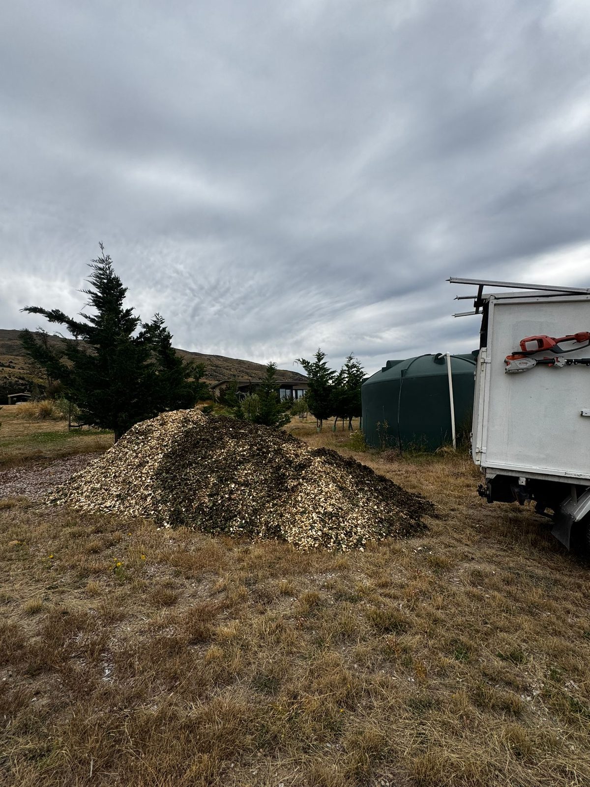 A pile of fresh wood chip on a grassy section beside a work truck, under a cloudy sky