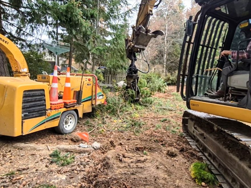 A trailer-mounted wood chipper and an excavator with a grab on a section being cleared